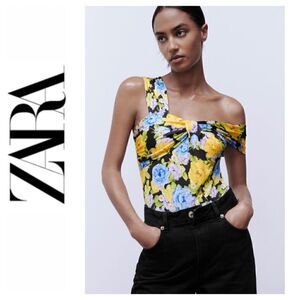 NWT Zara Blue & Black Floral Printed Asymmetric Neckline Bodysuit with Knot